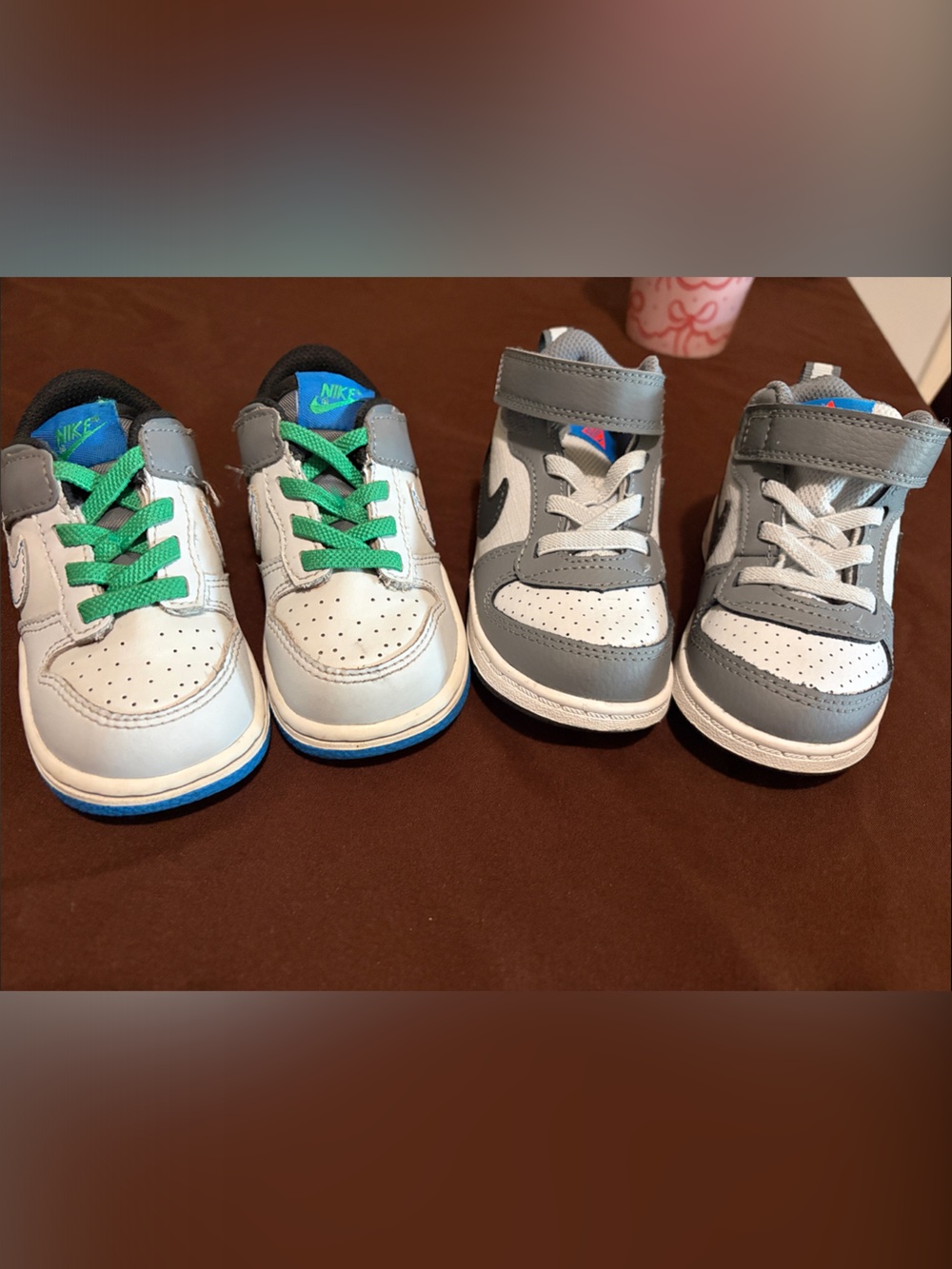Nike Kids White and Gray Sneakers with Green Laces